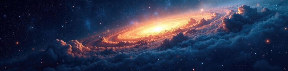 Naklejka premium Vast expanse of dark blue space with swirling orange and yellow gas clouds and twinkling stars, space, galaxy clusters