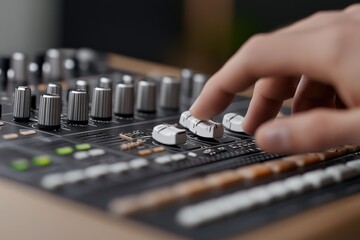 Fototapeta premium Studio vocal techniques, refining sound harmony through voice warm-up, harmonisation for professional recording in sound studio with expert microphone handling.