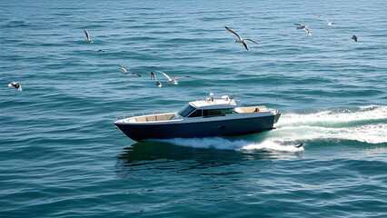 Fototapeta premium A sleek, modern yacht is cruising on the ocean, surrounded by seagulls.