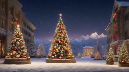 1. Illuminated Christmas Tree at Night with Colorful Lights and Ornaments