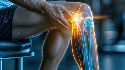 Man with knee pain, gym background, medical illustration