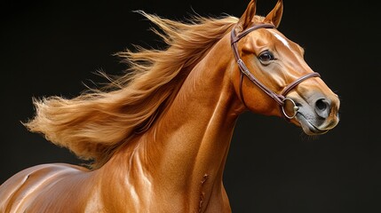 Chestnut horse portrait, flowing mane, dark background, equestrian art