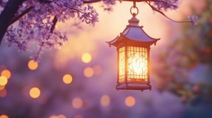 Ornate Ramadan Lantern with Mystical GlowDecorative Lantern with Candle and Bokeh Lights