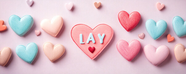 Obraz premium Colorful heart-shaped candies with the word 'LAY' centered, perfect for celebrations.