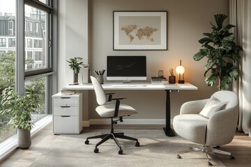 White standing desk with black legs, accented with storage boxes, framed artwork, and modern office furniture in a stylish home office setting.