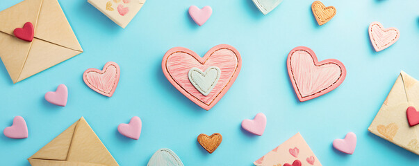Colorful heart-shaped cookies and envelopes on a blue background for celebrations.