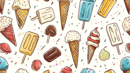 Colorful assortment of ice cream cones and popsicles on a playful, speckled background