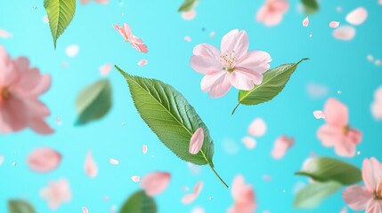 Fototapeta premium Pink cherry blossoms falling, blue background, spring, nature