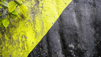 Abstract Yellow And Black Textured Wall Background With Green Leaves