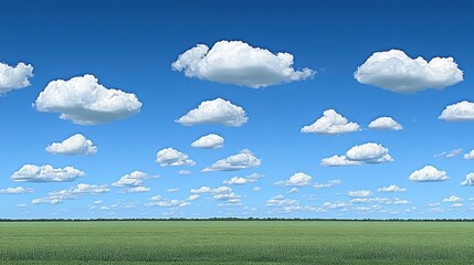 Fototapeta premium Bright Blue Sky with Puffy White Clouds Over a Vast Green Field