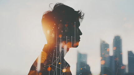 Double exposure of a businessman and city skyline with digital data overlay