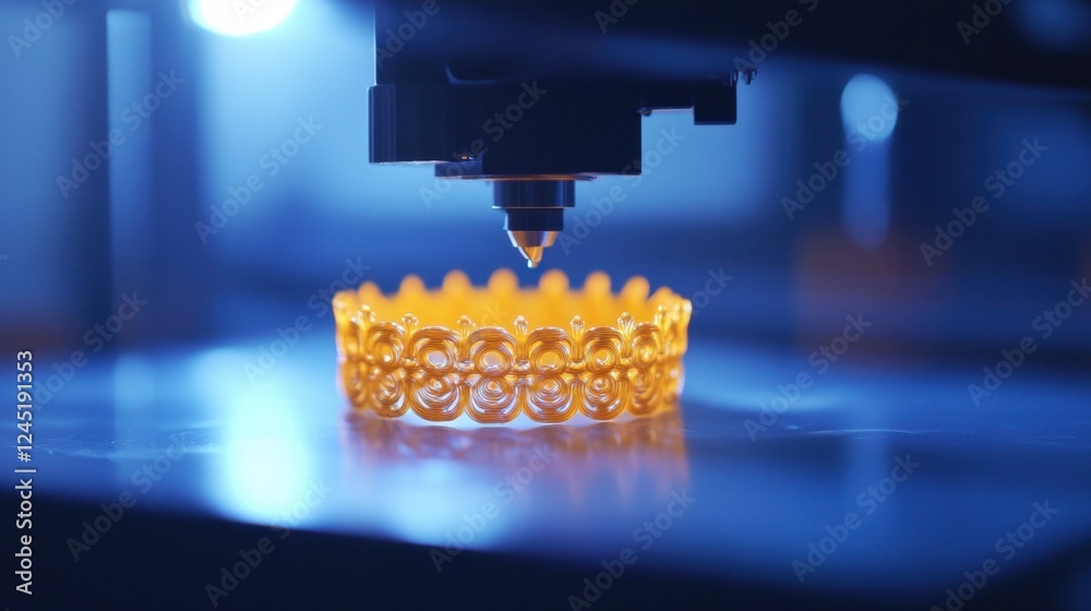 Poster a d printing machine creating an ornate custom bracelet, with each layer of material visible in real