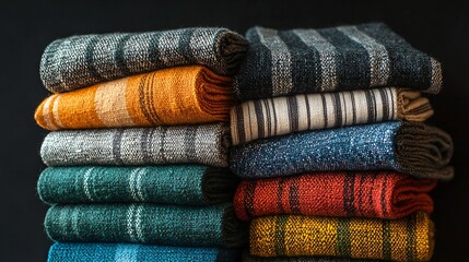 Stack of Colorful Textile Fabric Towels Featuring Various Striped Weave Textures and Designs Pattern.