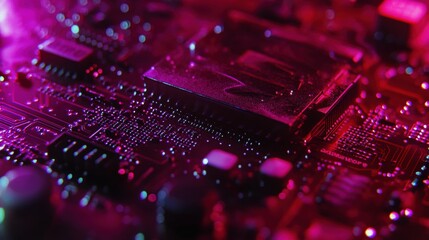 Close Up of Pink and Purple Circuit Board with Glowing Microchip