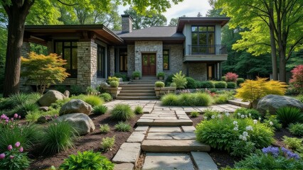 Obraz premium Stone House with Lush Landscaping and Walkway