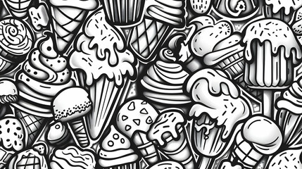 Naklejka premium A vibrant collection of hand-drawn ice cream cones and popsicles against a playful background