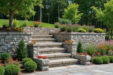 Fototapeta premium Stone Steps Landscape Design With Varied Flowers And Greenery