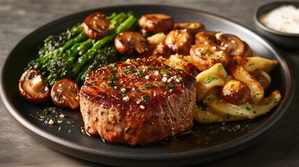 Fototapeta premium Grilled Filet Mignon Steak with Asparagus, Mushrooms and Potatoes - Gourmet Dinner