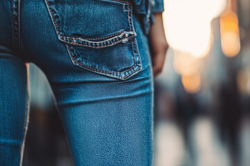 A close-up of a pair of faded blue denim jeans, showcasing the intricate stitching and worn-out patches