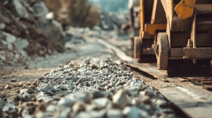 A conveyor belt transporting crushed rock at an industrial mining site.