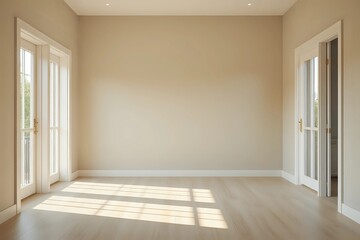 Obraz premium Interior of empty spacious living room with beige walls and laminated floor with doors leading to balcony with copy space