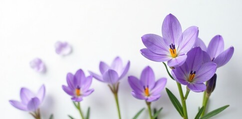 Fototapeta premium delicate violet flowers with white petals against a crisp white background, petals, botanical, delicate