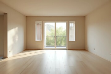 Obraz premium Interior of empty spacious living room with beige walls and laminated floor with doors leading to balcony with copy space