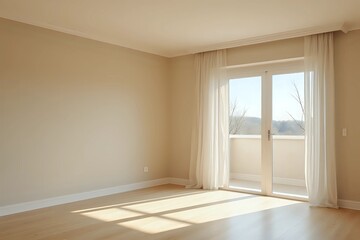 Obraz premium Interior of empty spacious living room with beige walls and laminated floor with doors leading to balcony with copy space