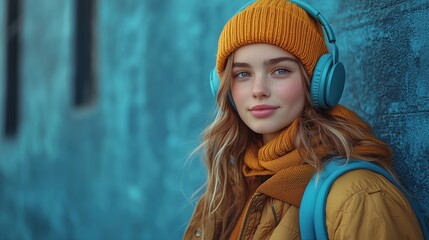 3D Portrait of Young Woman with Headphones in Winter - Digital Art Hyperrealistic Rendering