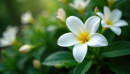 Obraz premium Delicate white petals unfolding among dense foliage, blooming flowers, floral details