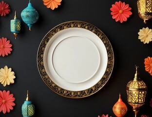 Elegant empty plate with lanterns and flowers.