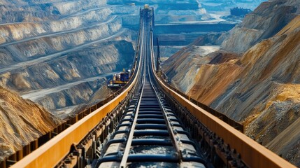 Obraz premium A long conveyor system extending across an open mine, carrying extracted materials for processing.