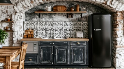 Rustic Kitchen Interior Design with Black Cabinets and White Tile Backsplash