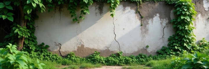 Overgrown vegetation on a crumbling cement wall, cracks and fissures, vines, decaying structures
