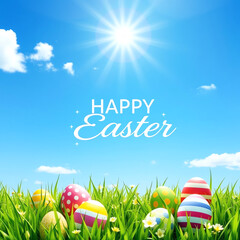 Happy Easter Greeting with bright sky background