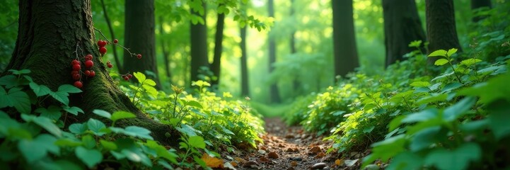 overgrown wild berry vines in a forest clearing, landscape, greenery