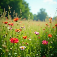 Fototapeta premium Overgrown wildflowers in a field of tall grass, bohemian, flowers