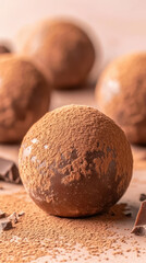 Fototapeta premium Perfectly round chocolate truffle dusted with cocoa powder, delicious treat