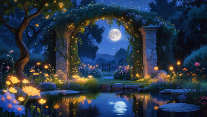 Moonlit Enchanted Garden with Glowing Flowers