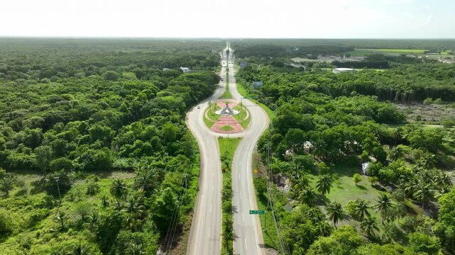 Aerial of Villahermosa Chetumal Federal Highway 186 with Monument to the Mestizos, Quintana Roo