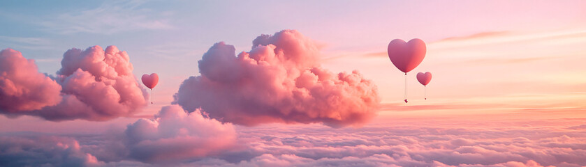 Obraz premium Dreamy sky with pink clouds and heart-shaped balloons floating gracefully.