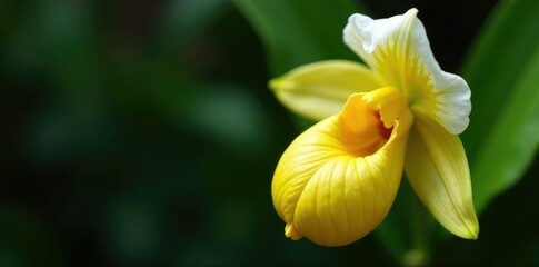 Fototapeta premium Paphiopedilum orchid with yellow and white petals, rare plants, tropical arrangements, paphiopedilum orchids