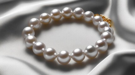 Obraz premium A pearl bracelet with a gold clasp, elegantly draped over a silk cloth.