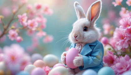 pink fluffy Rabbit is dressed in a fashion vintage suit, holding a color eggs, surrounded by pastel-colored Easter eggs and blooming spring flowers