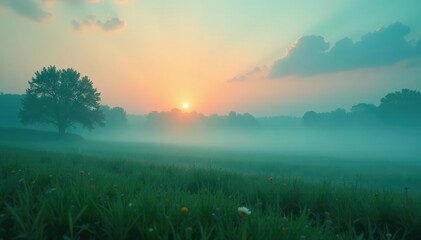 peaceful meadow scene at dawn with soft focus and glowing teal lights, calm, misty, serene