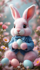 Fototapeta premium pink fluffy Rabbit is dressed in a fashion vintage suit, holding a color eggs, surrounded by pastel-colored Easter eggs and blooming spring flowers