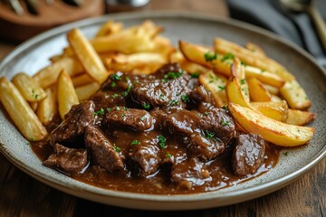 Close-up of Flemish stew featuring tender beef chunks in a deep, flavorful beer sauce, accompanied by crispy golden French fries, set on a rustic wooden table in a warmly lit, vintage kitchen.