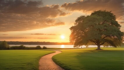 Sunlight Brightly Illuminates a Waterfront Park with Houses Across the Water