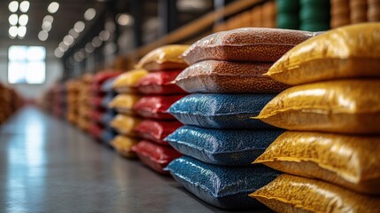 Colorful bags of grains stacked in a warehouse, showcasing vibrant hues and organized storage