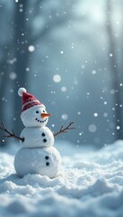 Fototapeta premium Snowmen amidst falling light grey and white snowflakes, grey, landscape